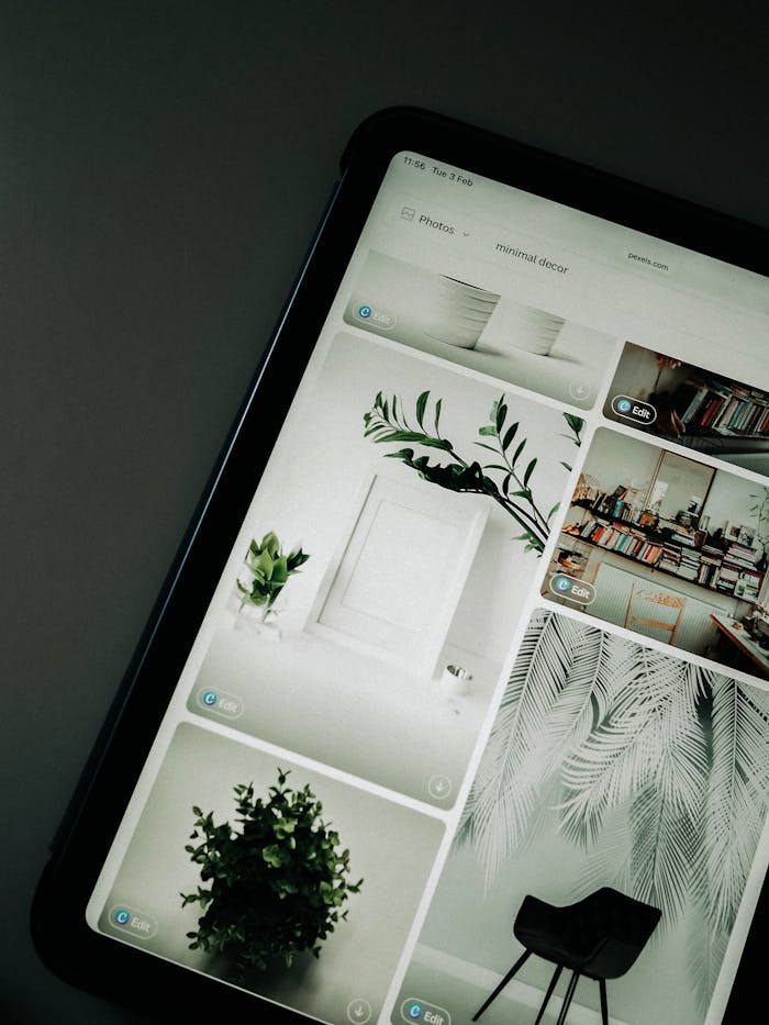 A tablet screen featuring images of minimalist decor emphasizing greenery and simple design.